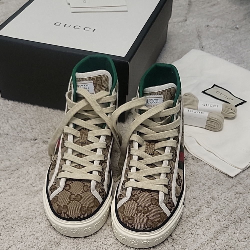 Brand New Gucci Monogram High-Top Sneakers with Green Accents
